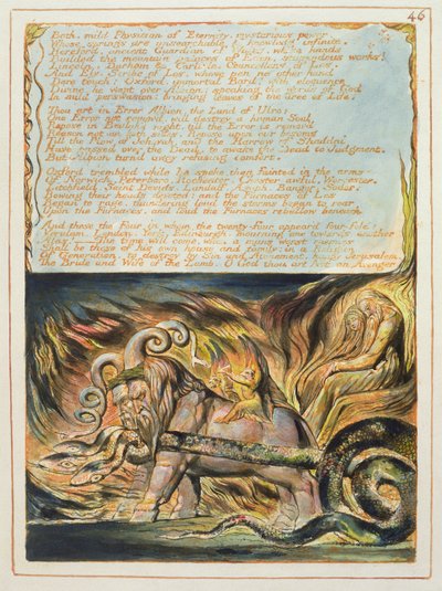 "Fürdő, enyhe orvos...", 46. tábla "Jeruzsálemből", 1804-20 (domborműves rézkarc narancssárga tollal és wc-vel papírra nyomtatva) alkotó: William Blake